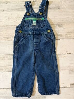Vintage Liberty Blue Denim Kids Overalls with Green Accent